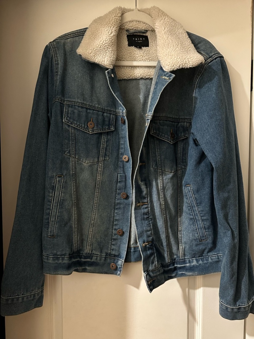 Blue Denim Jacket with Cream Sherpa Collar